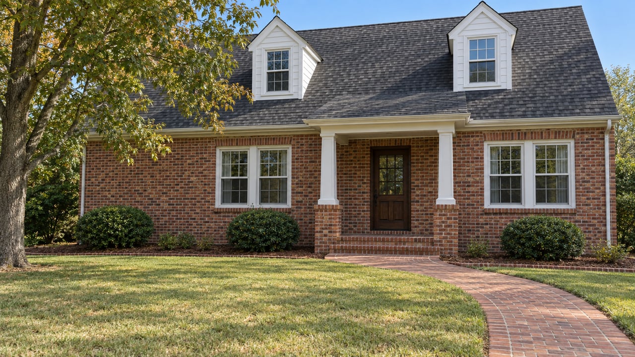 Brick home with white dormers and a covered entry beyond a broad autumn lawn and curved brick walk.