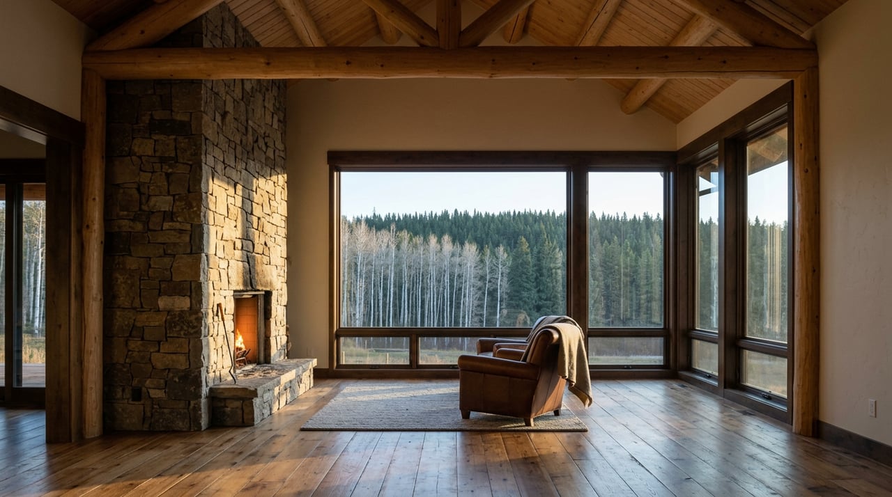 Timber great room with a stone fireplace, leather armchair, and aspen and spruce visible through tall windows.