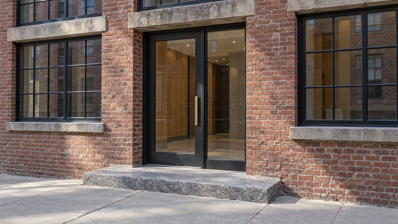 Sunlight grazes a brick condominium entrance with black-framed windows, a glazed door, and a worn granite step beside a concrete sidewalk.