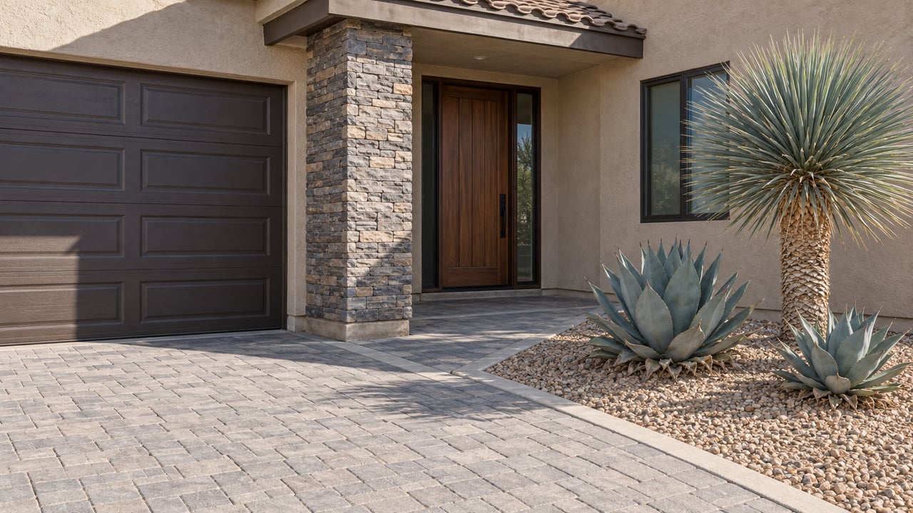Sunlit sandy-stucco home entrance beside a dark garage door, gray paver driveway, and a gravel bed planted with a beaked yucca and two agaves.