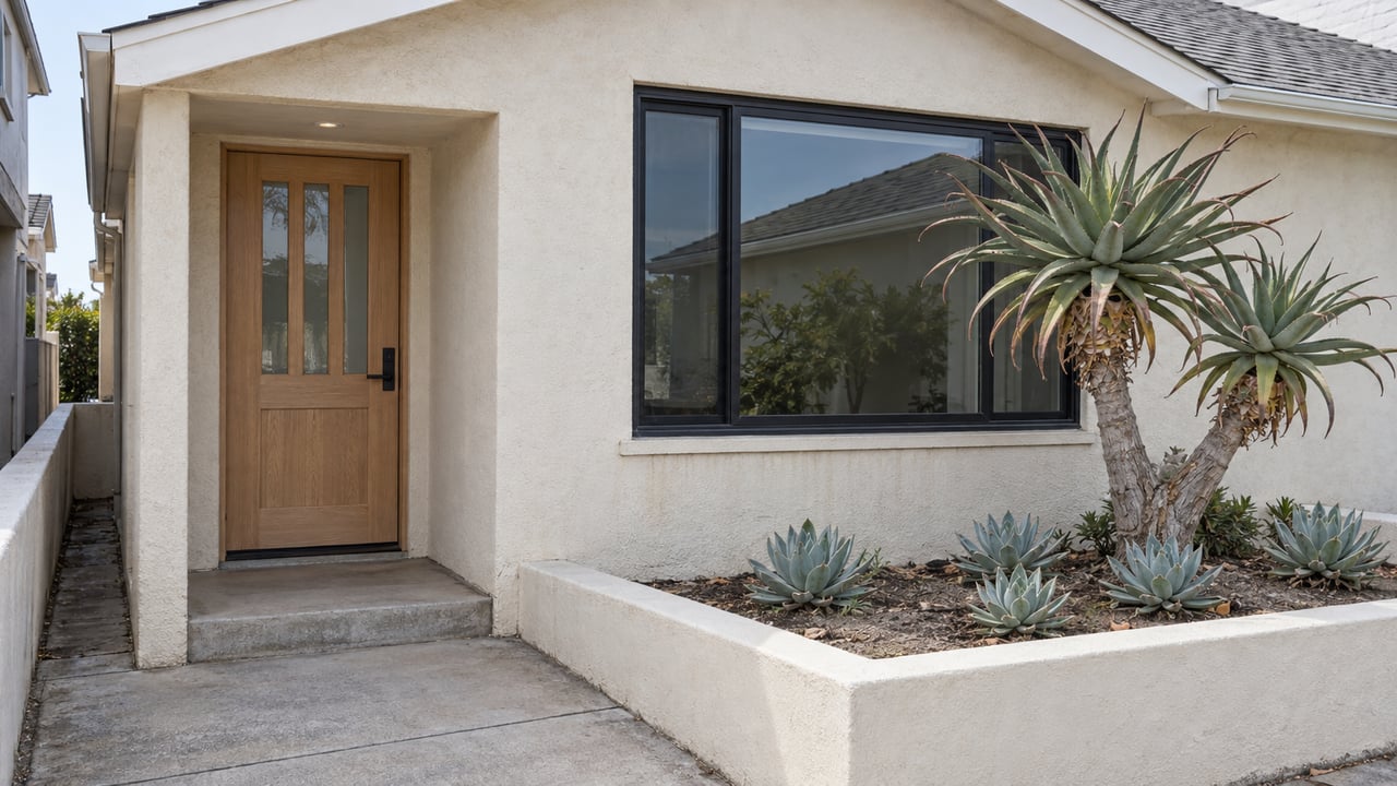 Compact white-stucco bungalow with a recessed oak entrance, black-framed window, sun-bleached concrete approach and sculptural aloe planting.