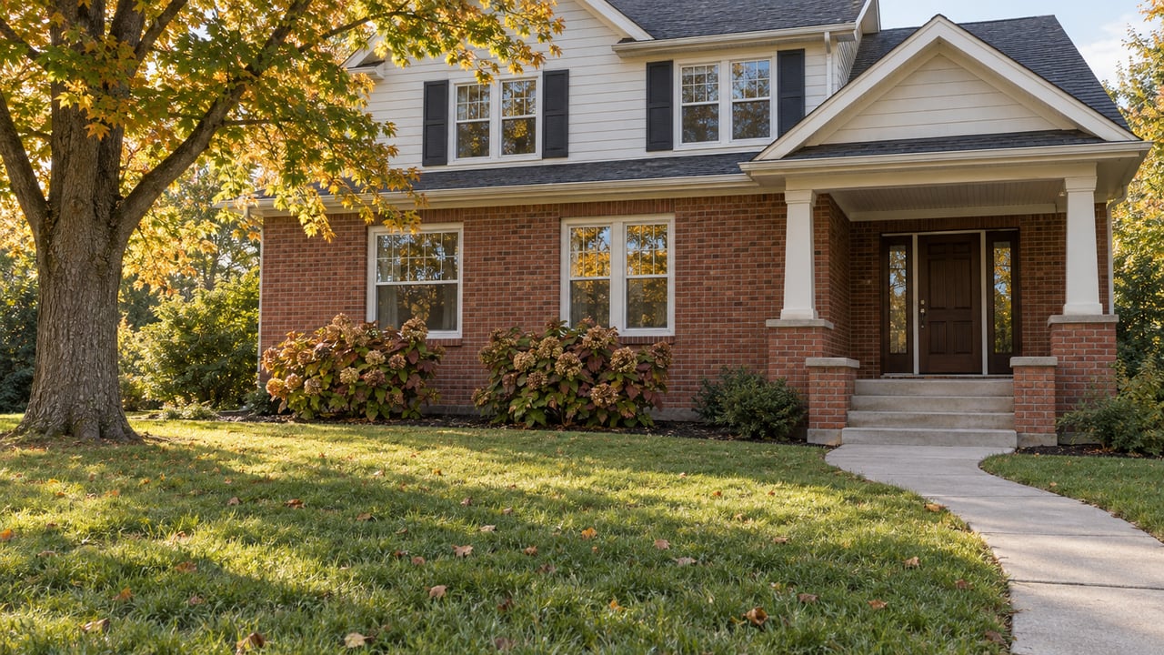 Two-story brick and ivory-sided home behind a broad lawn, with an amber-tipped sugar maple and a covered front porch.