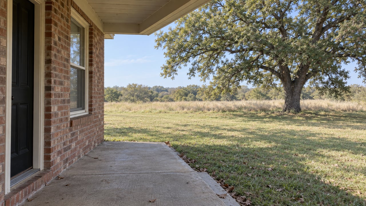 Brick porch beside a closed window overlooks a deep lawn, with a broad oak beyond the grass.