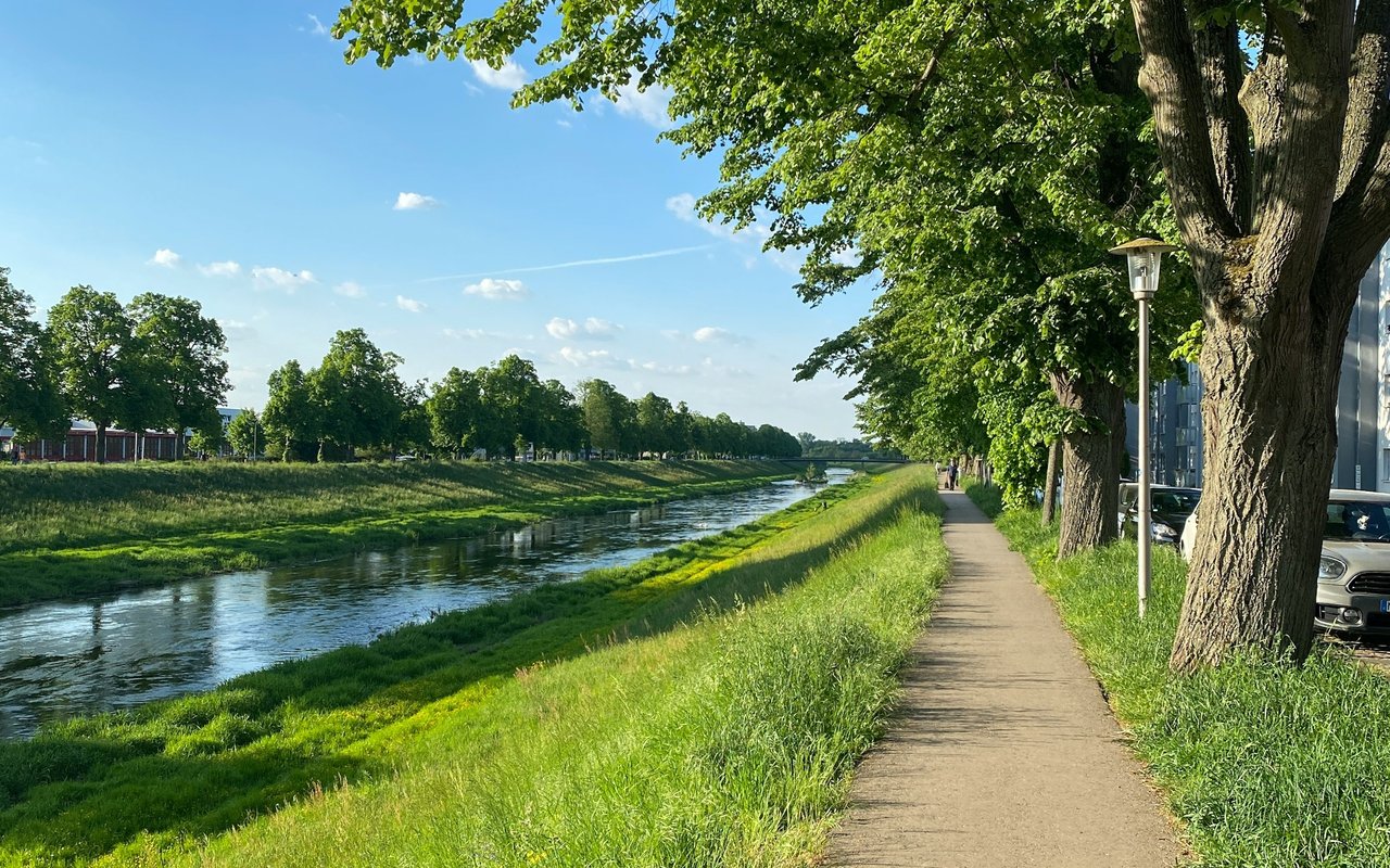 Tree-lined sidewalk beside a canal, with grassy banks and a few pedestrians.
