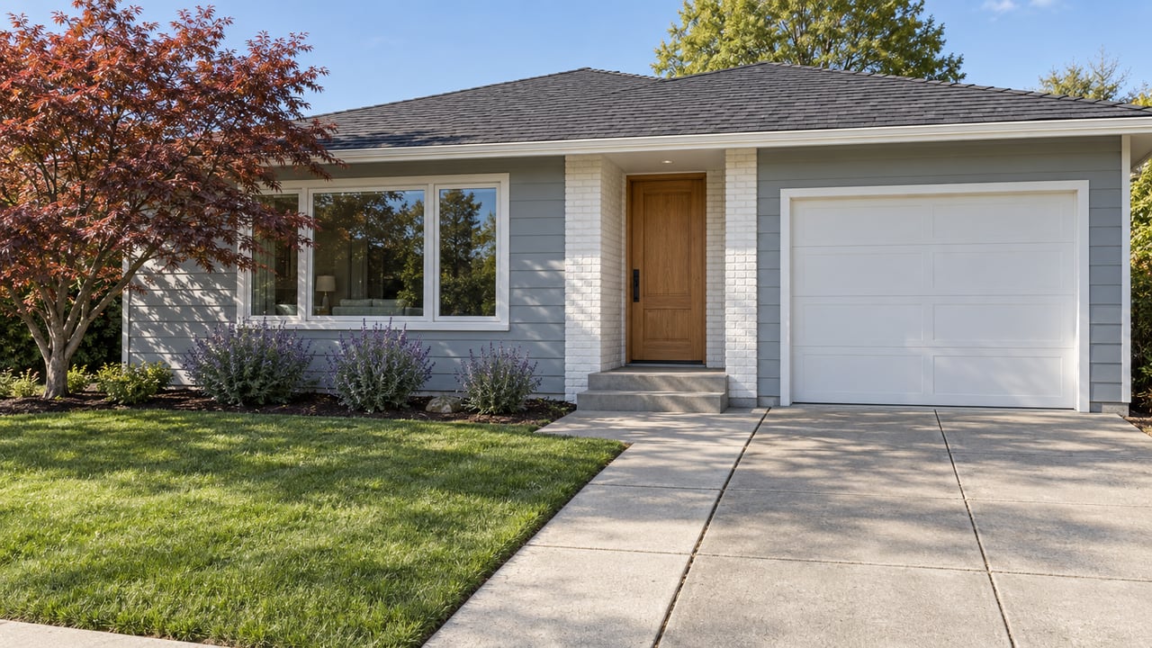Updated gray single-story home with white trim, a single-car garage, concrete front walk and a Japanese maple beside the entry.