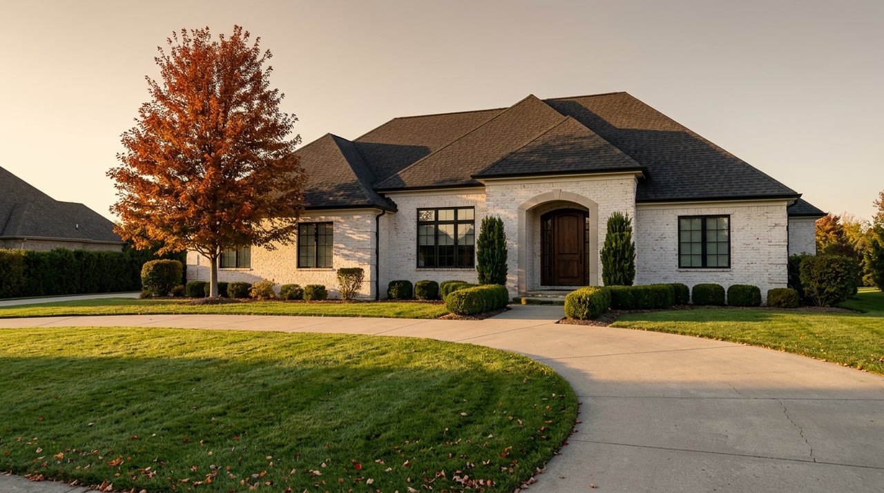 White-painted brick estate home with steep gables, an orange-red maple, lawn, and curving driveway.