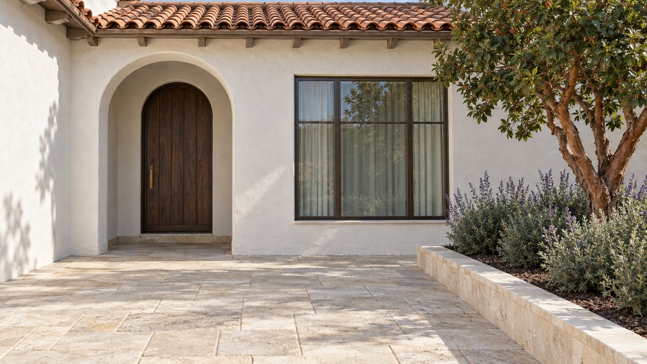 Sunlit white stucco home with a tiled roof, recessed arched oak entrance, bronze-framed window and limestone approach beside a strawberry tree and sage.