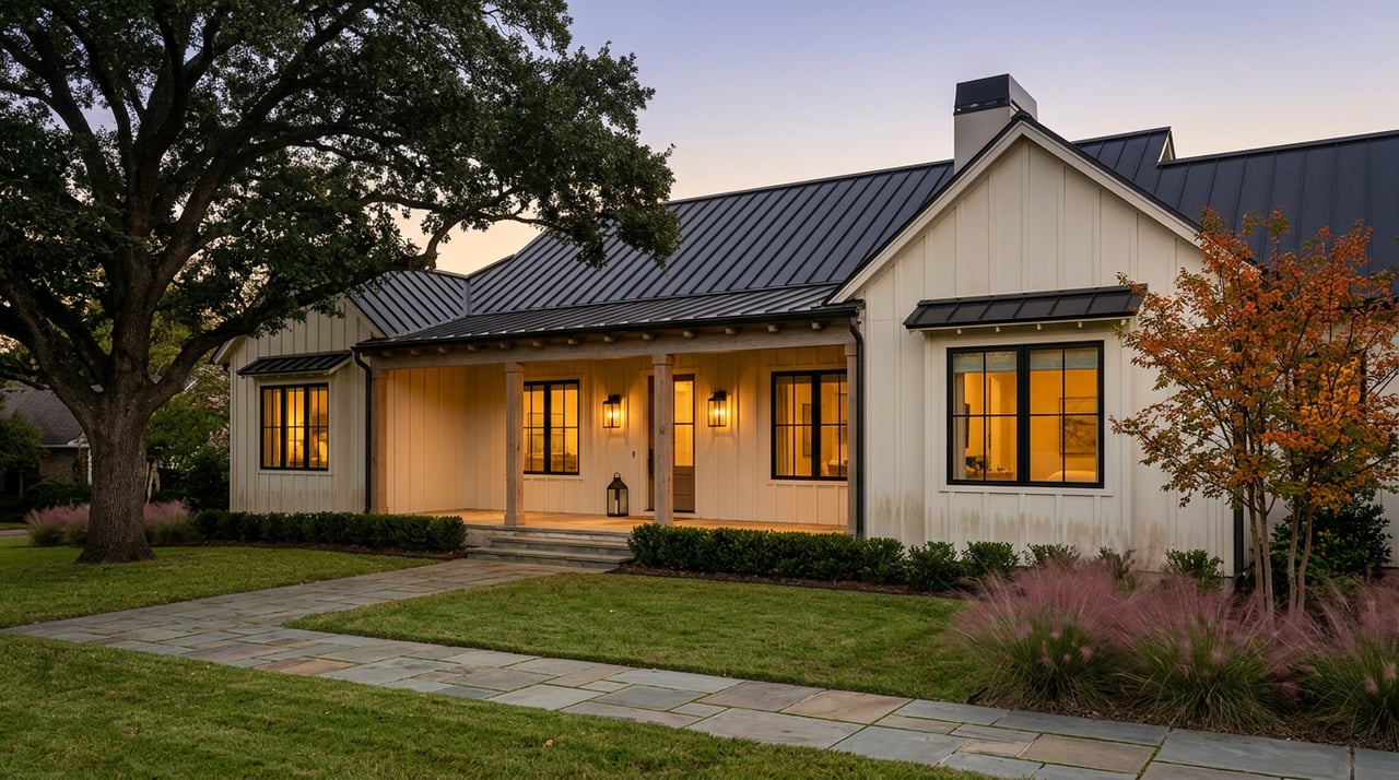 Modern farmhouse entry glowing warmly at dusk, with a bluestone walkway and broad oak canopy against the sky.