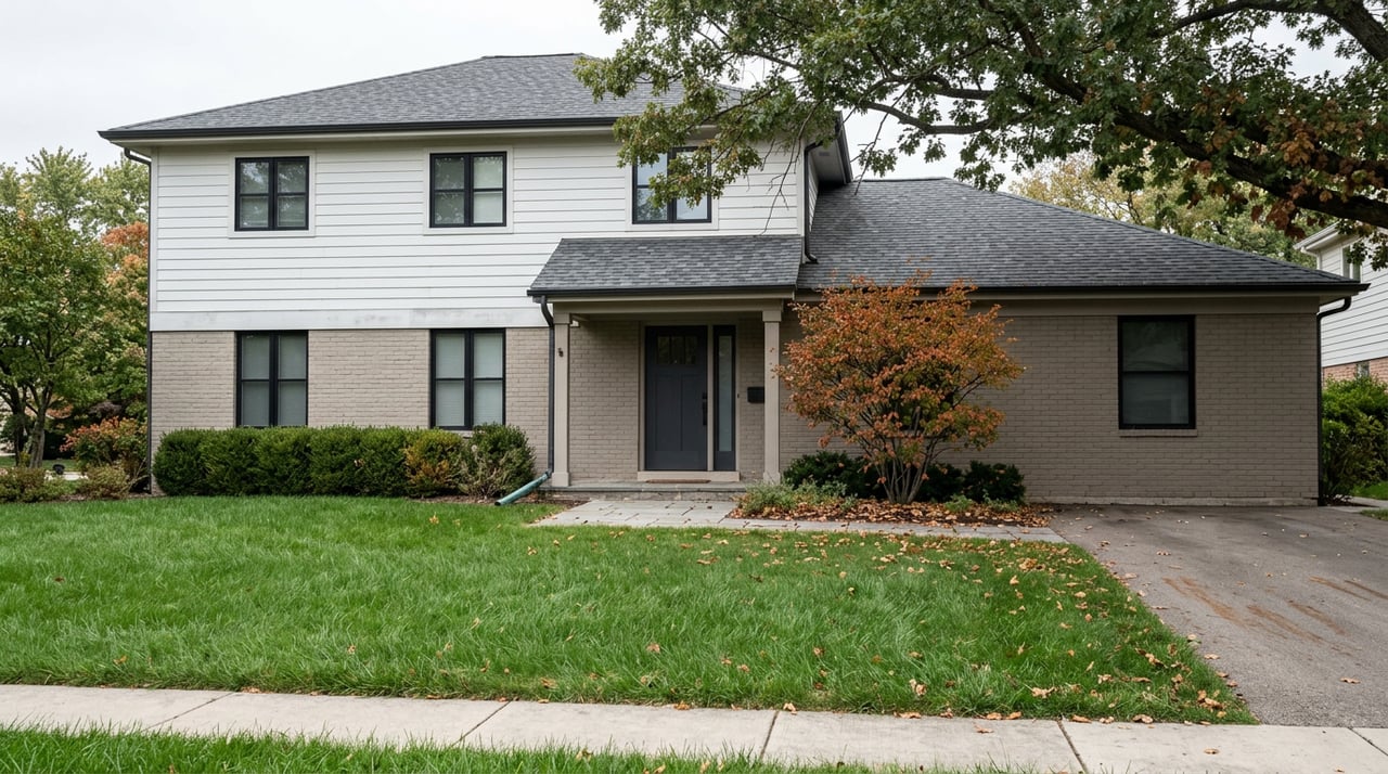 Two-story gray-brick and white-sided home with a deep front lawn, oak canopy, and rust-orange serviceberry leaves.