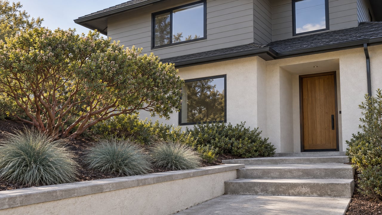 Two-story stucco and gray-sided house above a three-step walk, with a sculptural branching shrub on the bank.