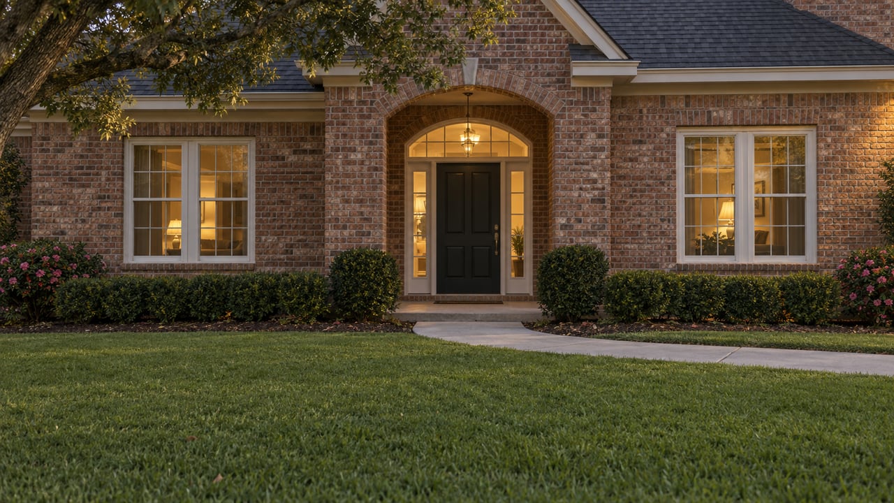 Red-brown brick house entry with an arched transom, glowing sidelights, and a curved walk across the lawn.