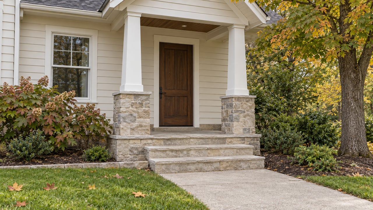 Off-white gabled porch with limestone steps, a walnut front door and amber maple foliage beside a sloping lawn.