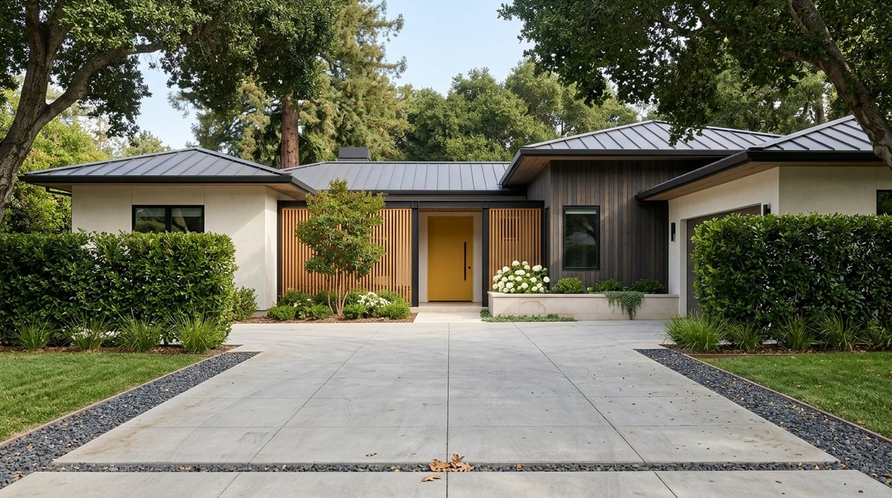Modern estate frontage with a deep setback, privacy hedge, mature trees, slatted courtyard screen, and mustard pivot door.