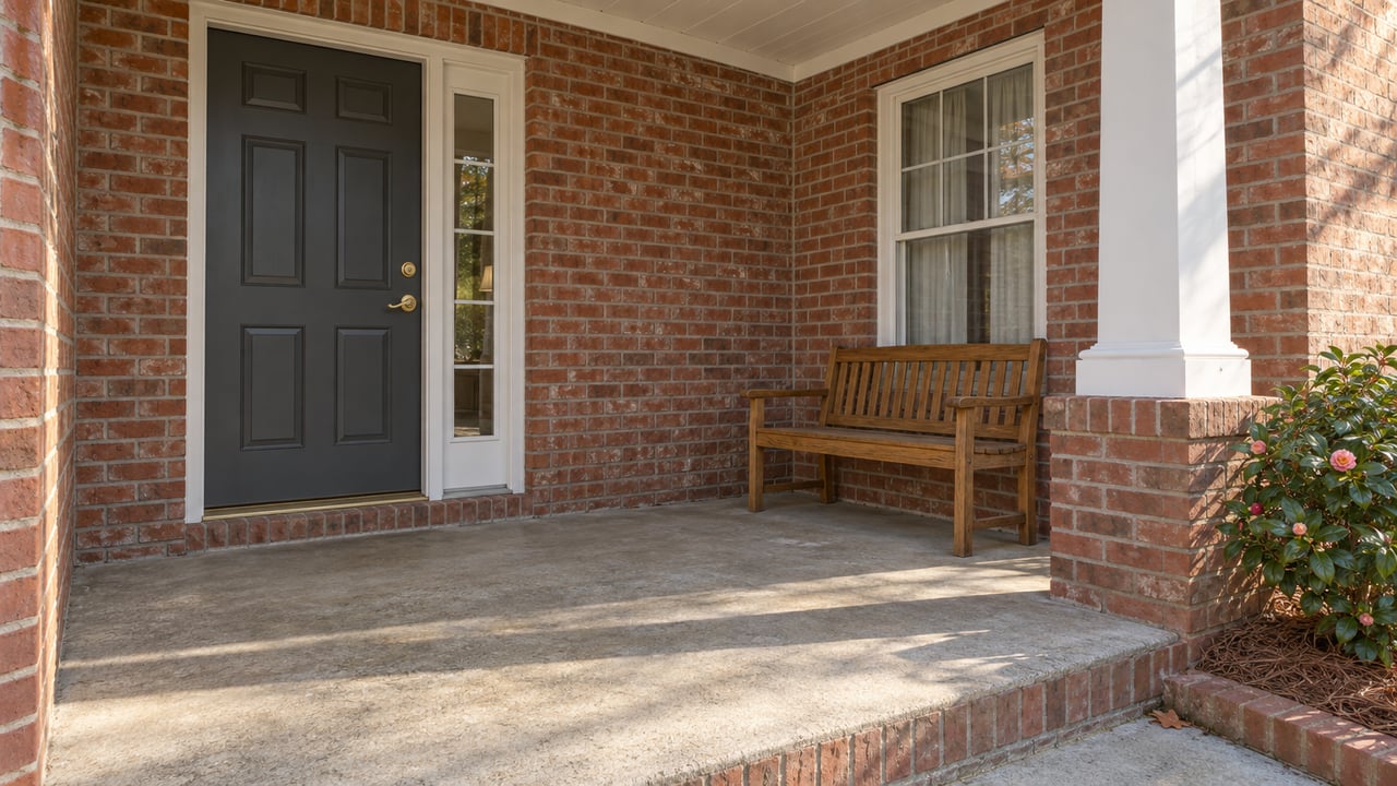 Morning sunlight across a brick home's covered porch with a charcoal front door, oak bench and camellia beside a brick-edged walk.