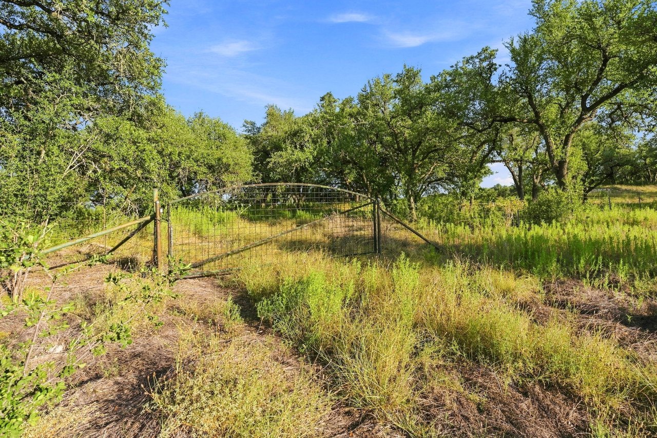 Ranch gate and fencing among mature oak trees and tall grass on open acreage.