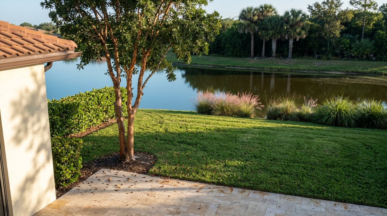 Travertine patio and stucco wall overlook a broad lawn and still water, bordered by palms and a clipped hedge.