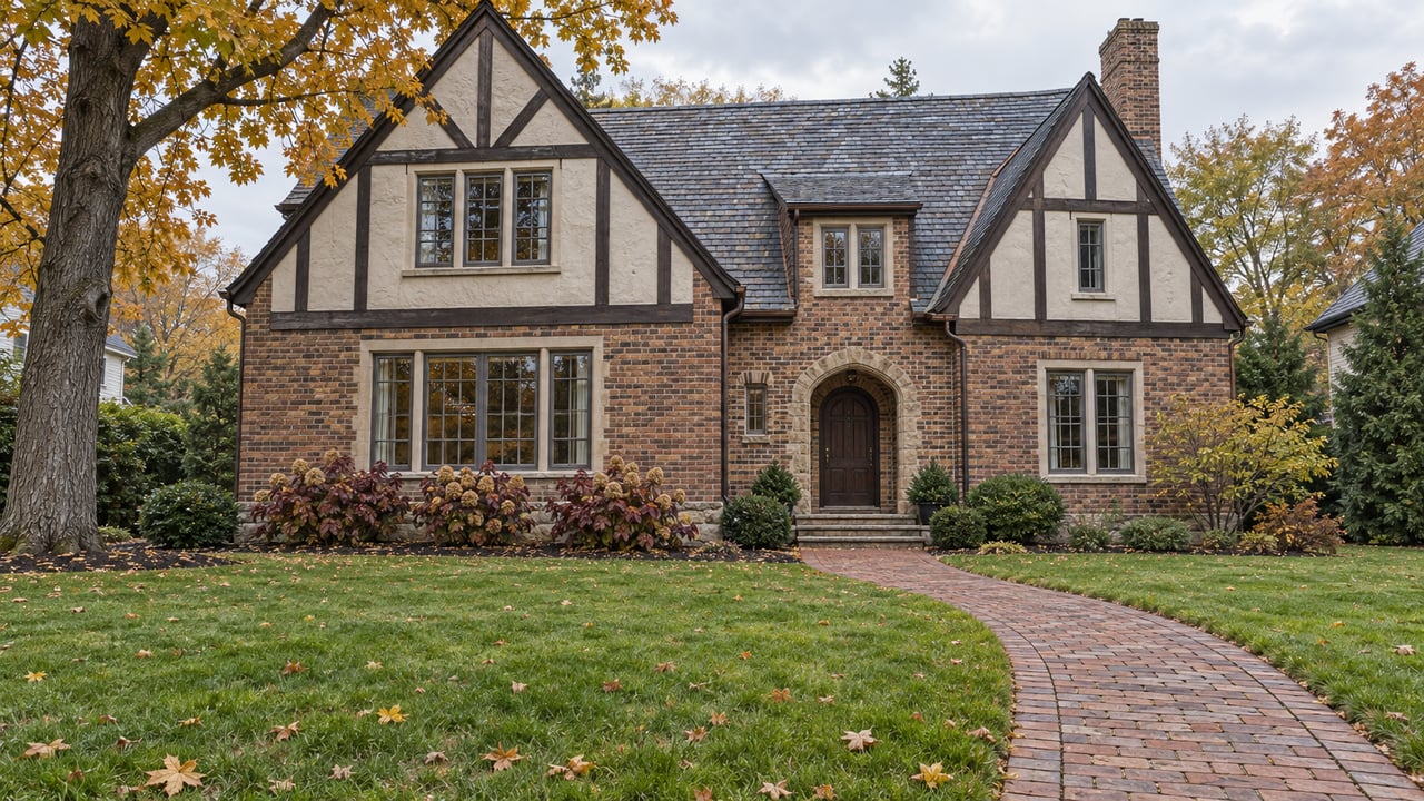 Traditional brick and half-timber home beyond a deep autumn lawn, with a curved brick walk and a mature golden-leaved maple.