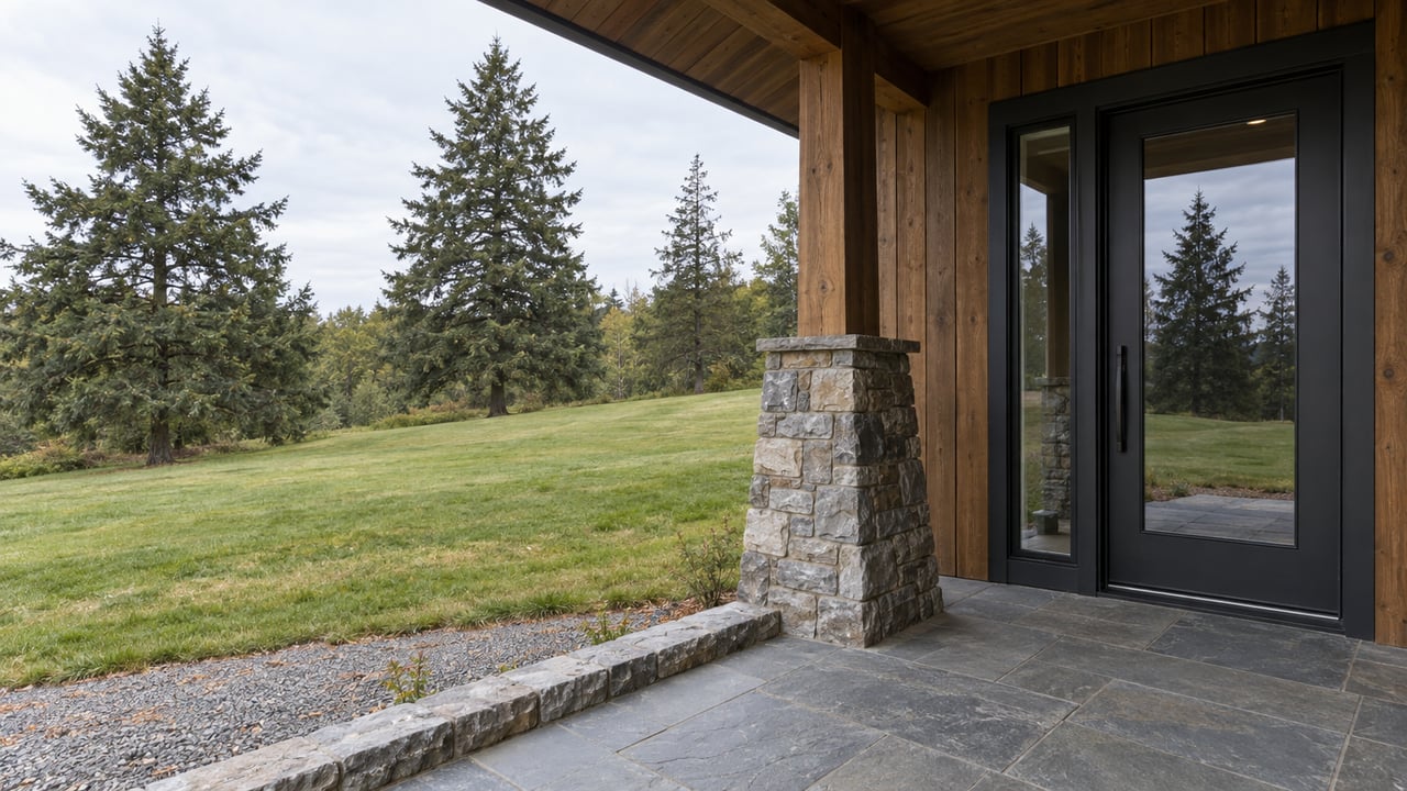 Timber-and-stone home entry beside a sloping lawn, with three mature fir trees along the edge.