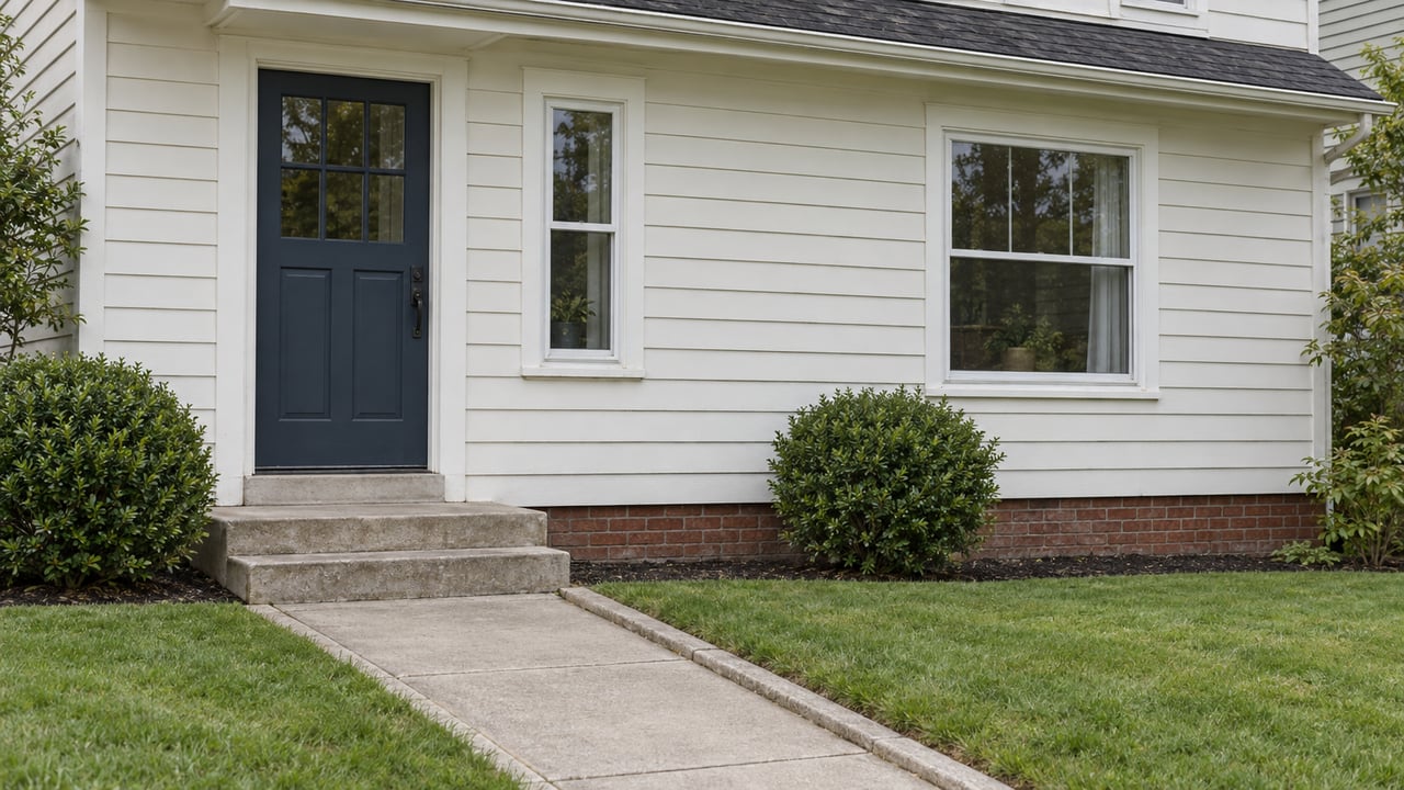 Off-white clapboard house with a navy door, red brick foundation, two windows, and a concrete walk through lawn.