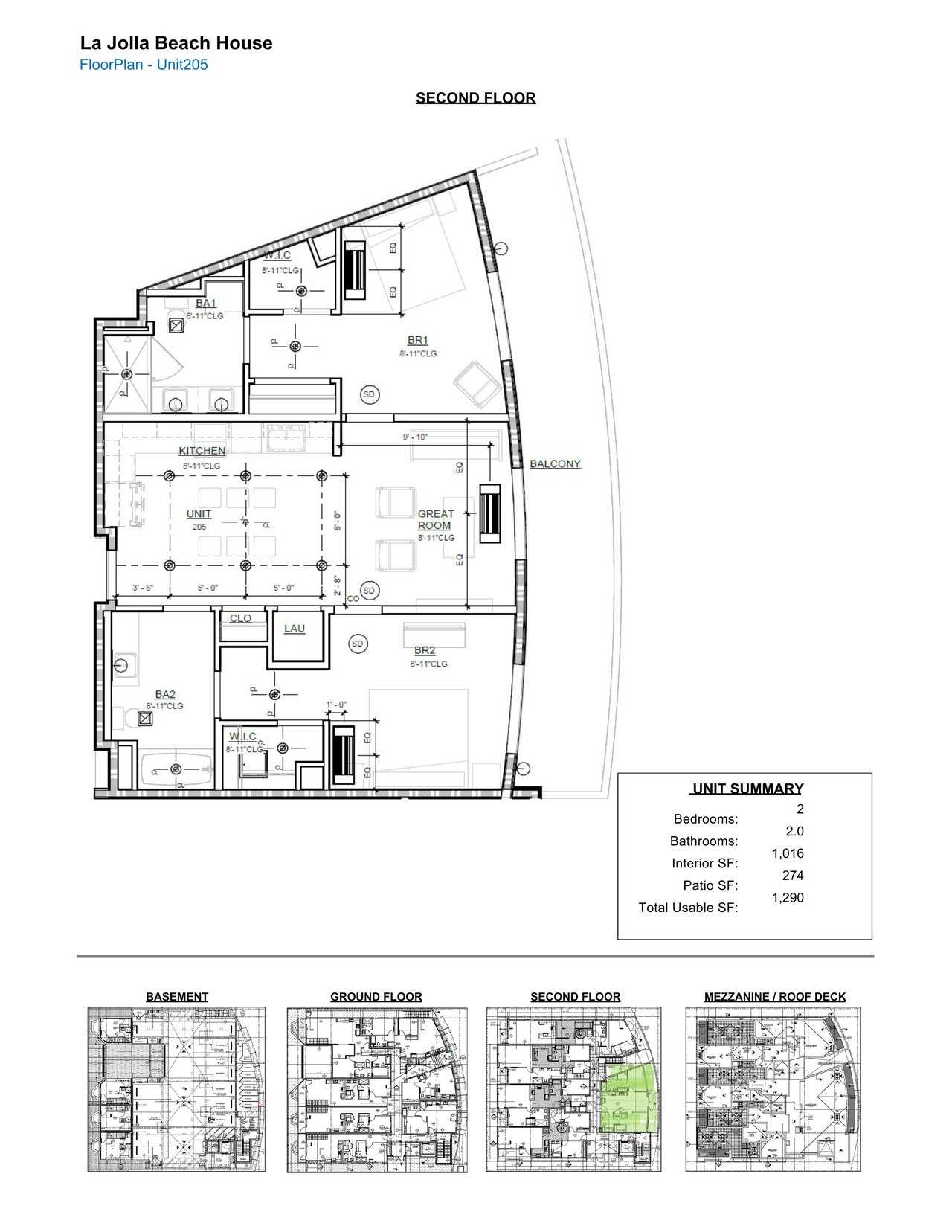 Unit 205 second-floor plan showing two bedrooms, two bathrooms, kitchen, great room, and balcony.