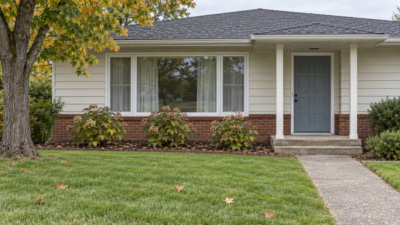 Updated cream-sided ranch with a broad front window, sheltered blue-gray entry, mature maple and an open lawn in soft autumn daylight.