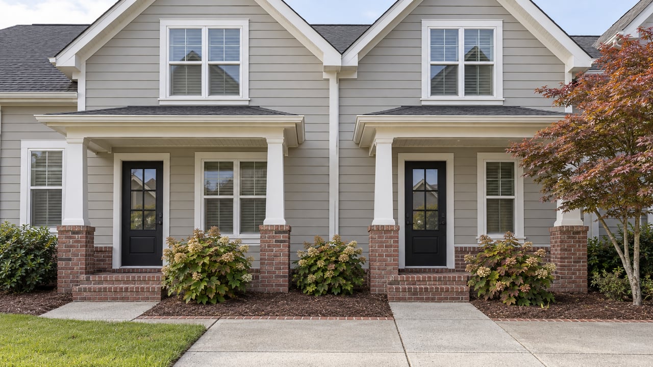 Two adjoining gabled townhome entries with greige siding, white trim, brick steps and autumn oakleaf hydrangeas.