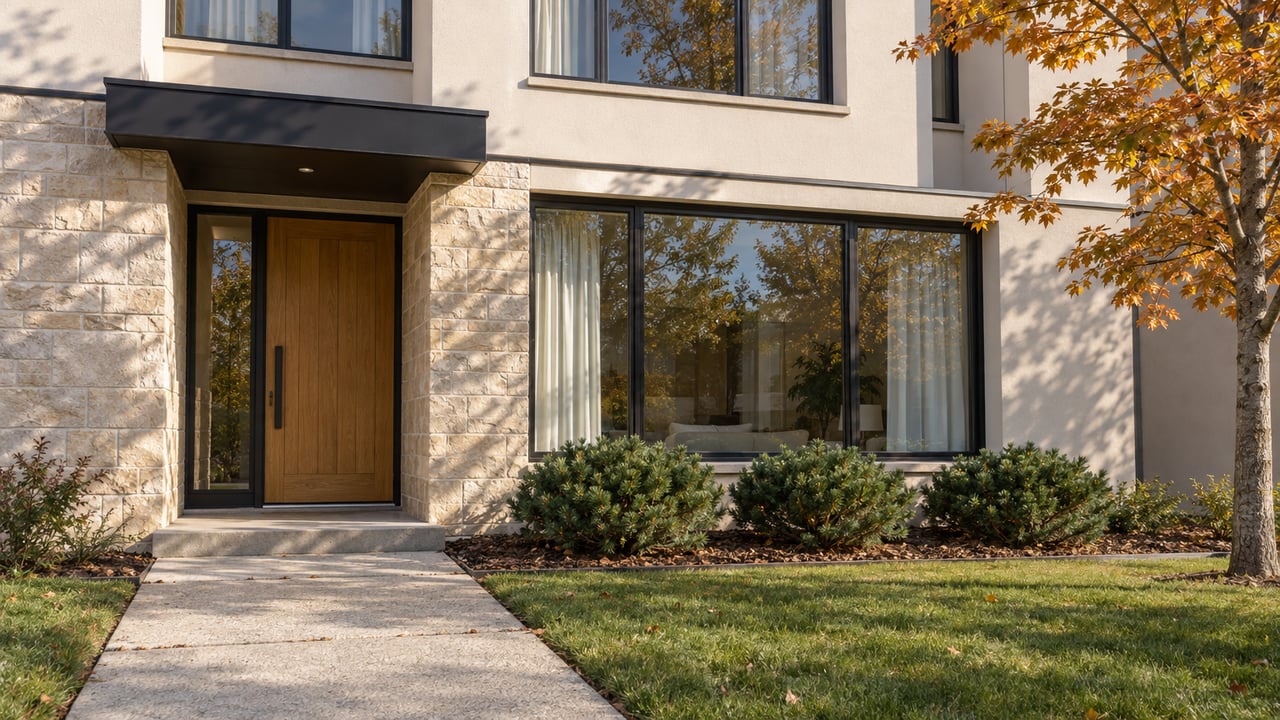 Cream stucco and pale limestone townhome entrance with black-framed windows, an oak door and a compact maple-shaded front garden.