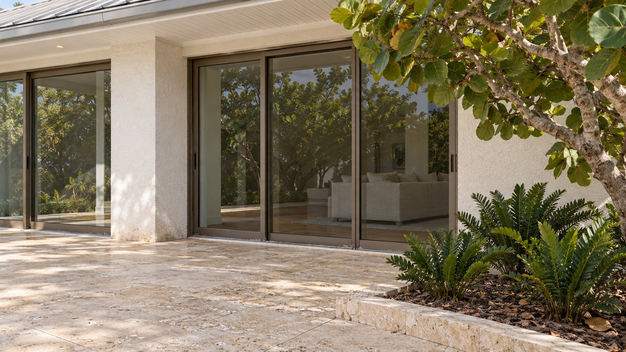 Sunlit white-stucco lanai with bronze-framed glass doors, limestone paving, and a sculptural sea grape beside a coontie bed.