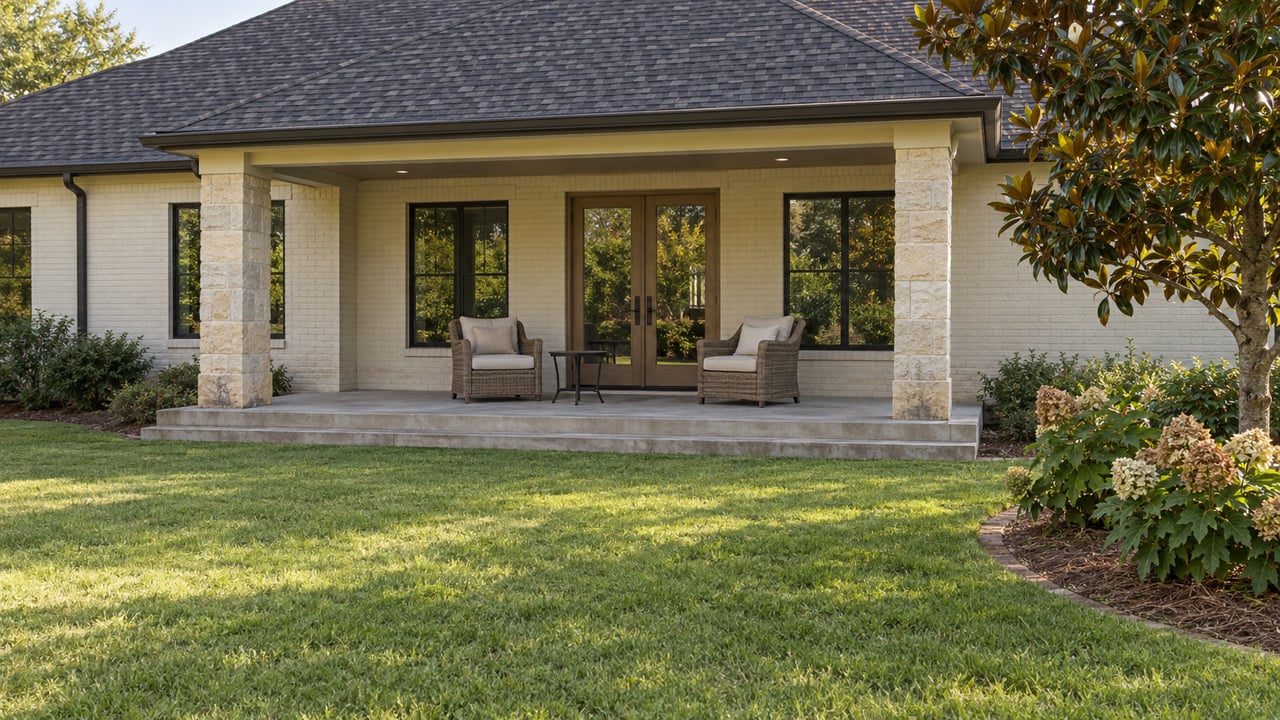Cream brick home with a covered rear terrace, limestone piers, dark-framed glazing and a lawn bordered by a magnolia and oakleaf hydrangeas.