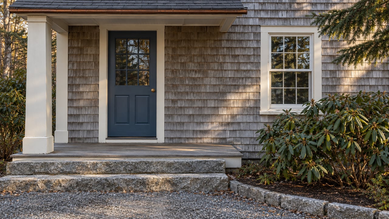 Weathered cedar-shingle cottage entrance with a blue door, white sash window, granite steps, and dark evergreen planting in autumn light.