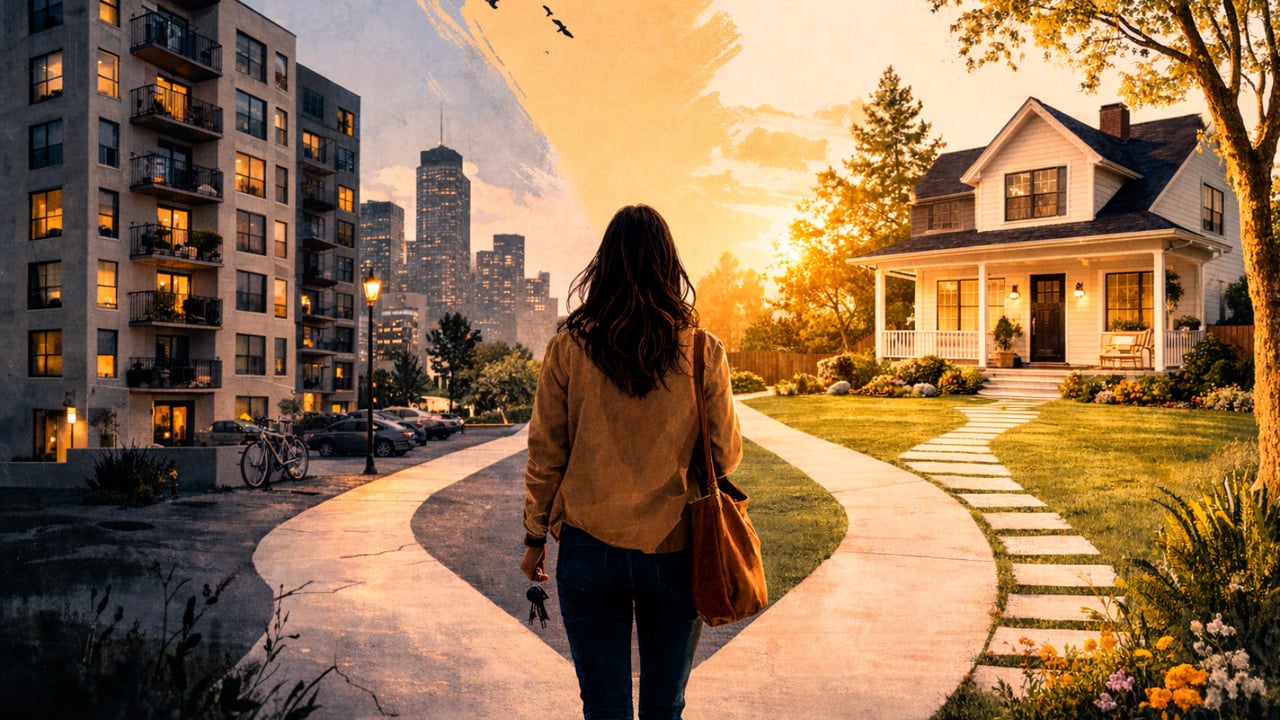 A woman stands at a fork in the road between a grey apartment building and a sun-drenched Richmond, VA home, symbolizing the homeownership wealth gap.
