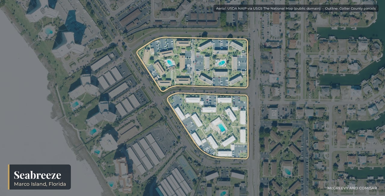 Aerial view of Seabreeze on Marco Island, Florida, 27 two-story garden buildings around their pools on the Gulf side of North Collier Boulevard, one row behind the Seaview Court beach towers