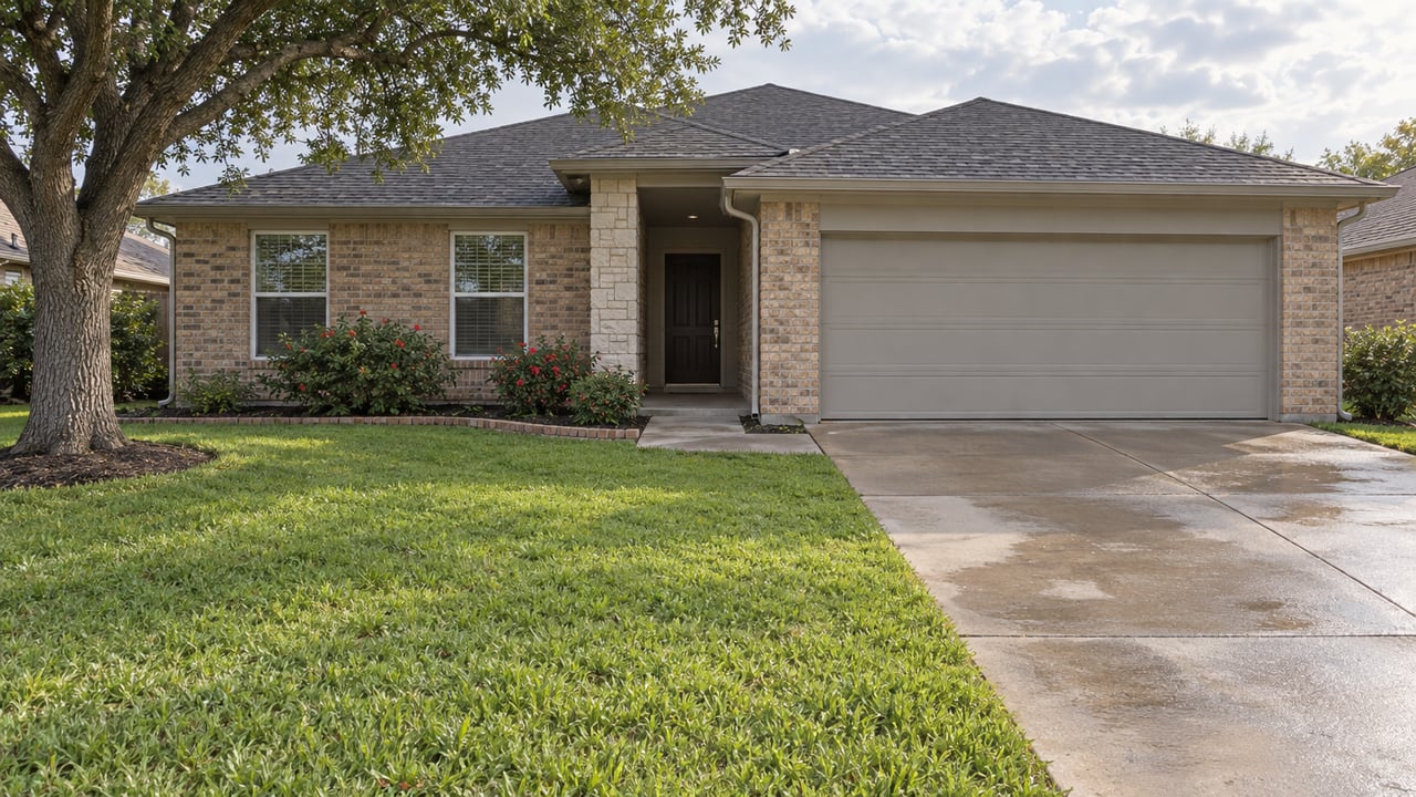 Single-story buff-brick home with a charcoal gabled roof, attached two-car garage, deep lawn and a mature live oak.