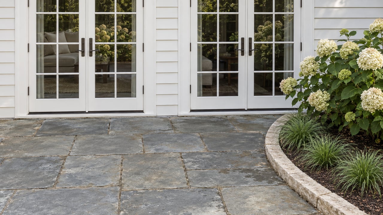 Two pairs of white French doors open onto a bluestone terrace beside a curved bed of hydrangea and sedge.