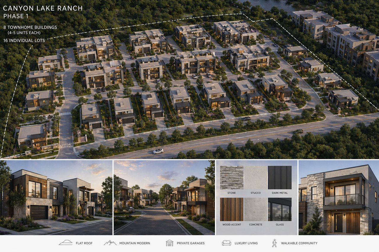 Canyon Lake Ranch Phase 1 infographic with an aerial townhome plan, exterior renderings, material samples, and community features.