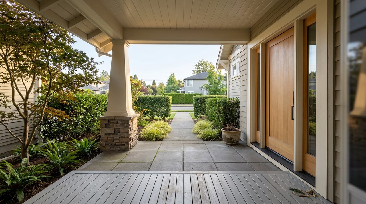 Oak entry door with sidelights beside a tapered porch column, overlooking a planted walk and Japanese maple.