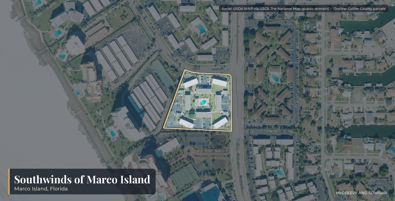 Aerial view of Southwinds of Marco Island, Florida, the eight two-story garden buildings at 130 North Collier Boulevard near Crescent Beach