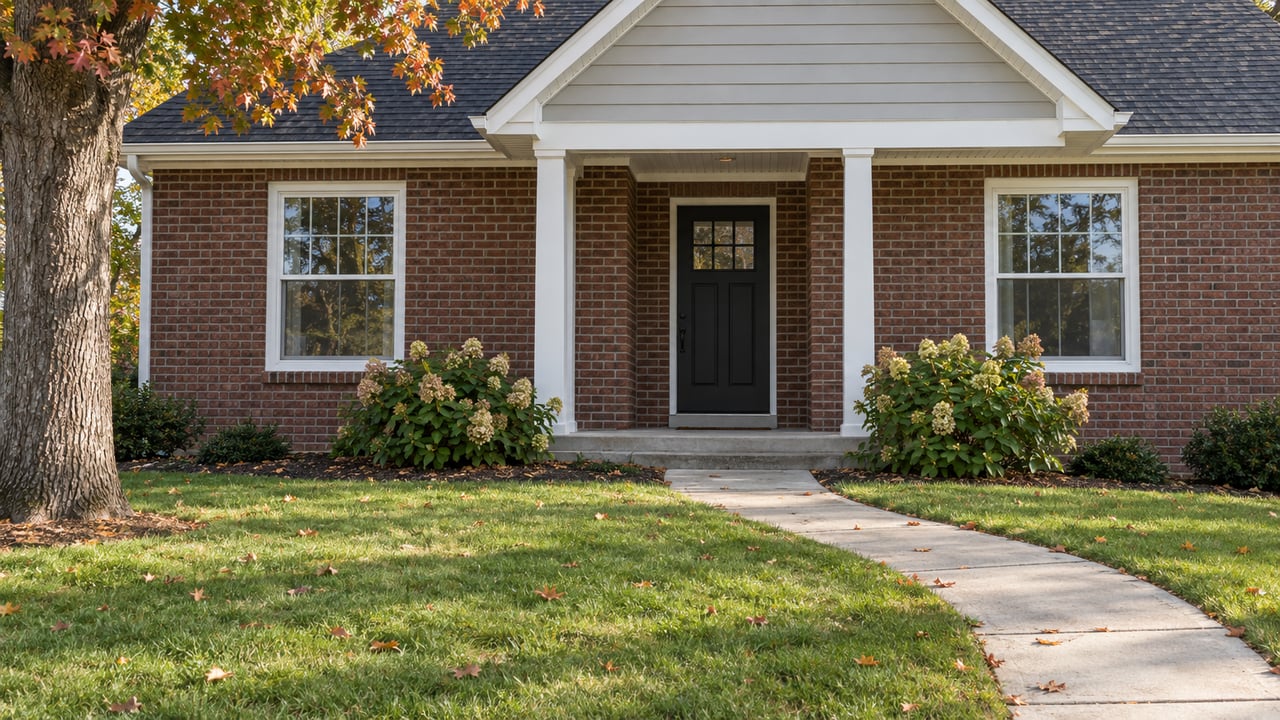 Brick-and-siding house with a deep green lawn, curved concrete walk, and mature tree.