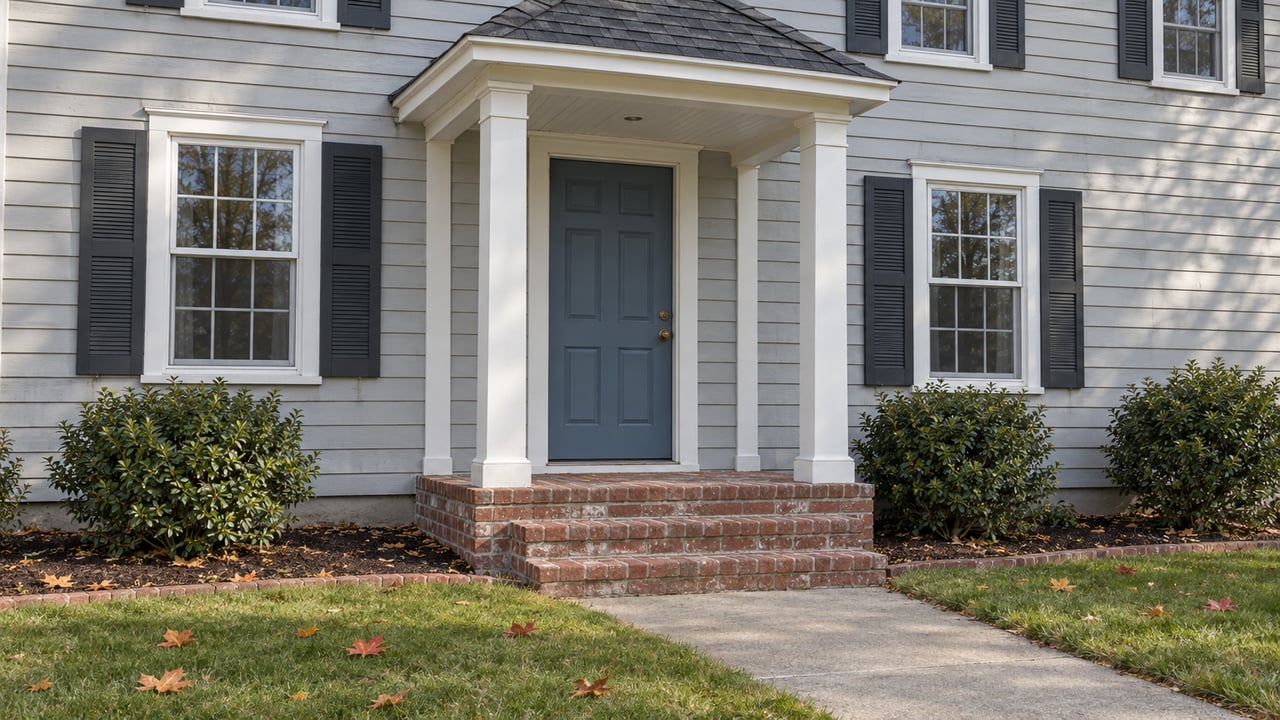 Gray clapboard home with a blue front door, white porch posts, brick steps and autumn leaves on the lawn.