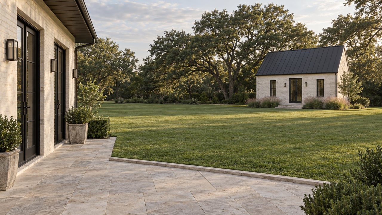 Detached cottage beyond a broad lawn, with limestone terrace in the foreground and mature trees behind.