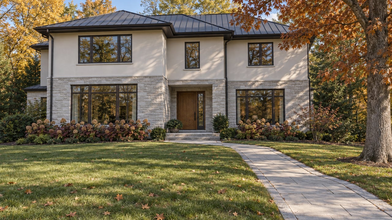 Stone-and-stucco home behind a deep autumn lawn, with dark framed windows, a granite approach and gold and russet trees.