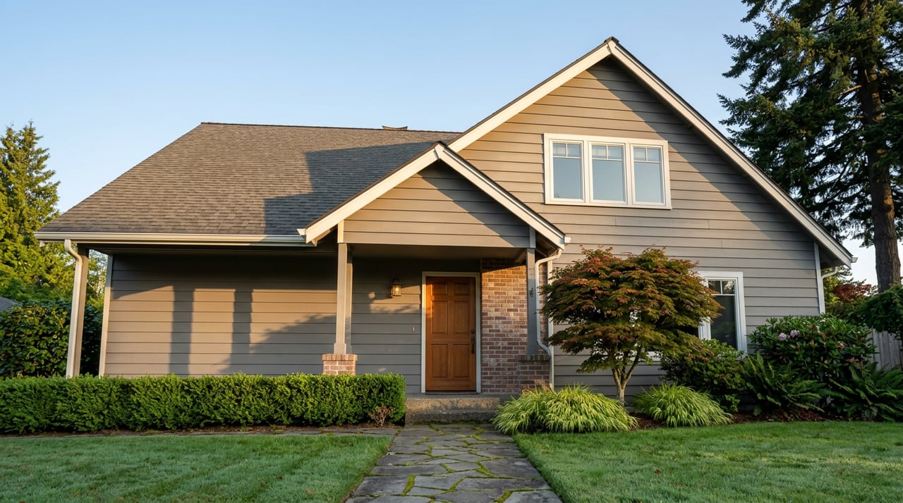 Two-story taupe-gray gabled home with a covered porch, red-green Japanese maple, hedge, and flagstone walkway.