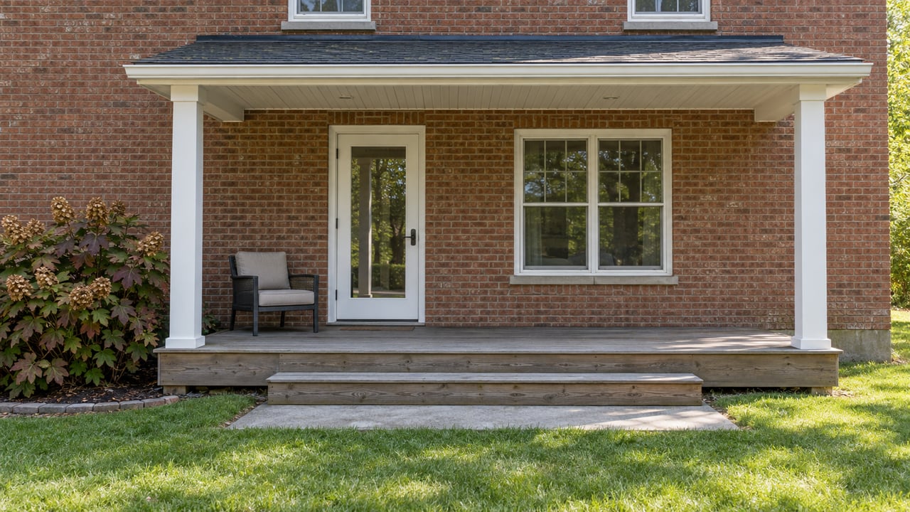 Brick home's covered rear deck with weathered timber steps, a closed glass door, one outdoor chair and oakleaf hydrangea beside the lawn.