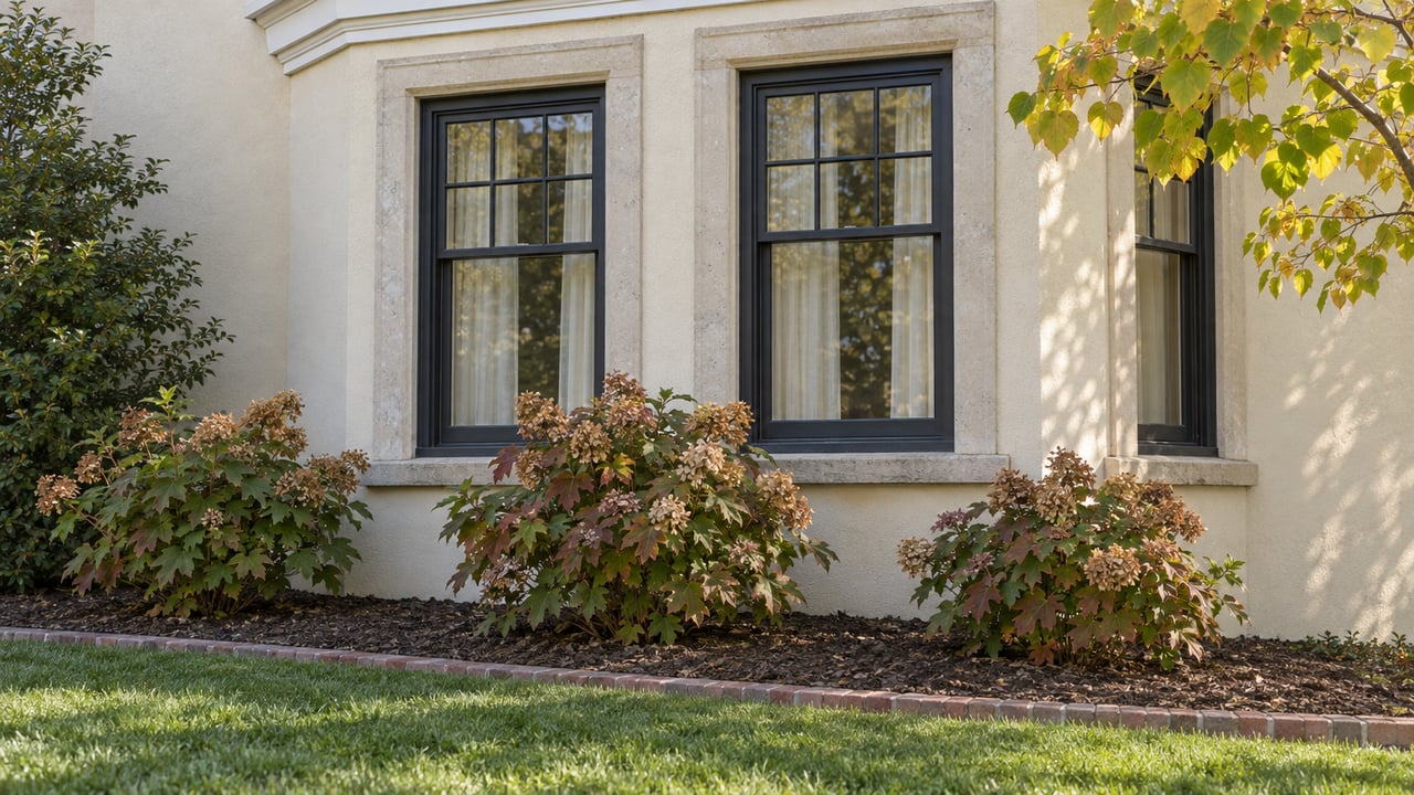 Ivory stucco window bay with limestone trim, dark divided-light windows and oakleaf hydrangeas above a brick-edged lawn.