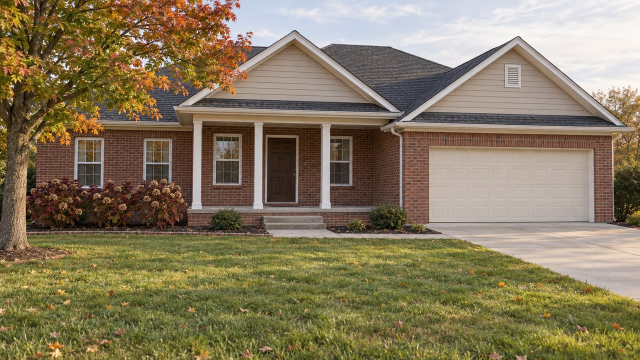 Brick and neutral-sided single-family home with a covered front entry, attached garage, deep lawn and autumn maple.