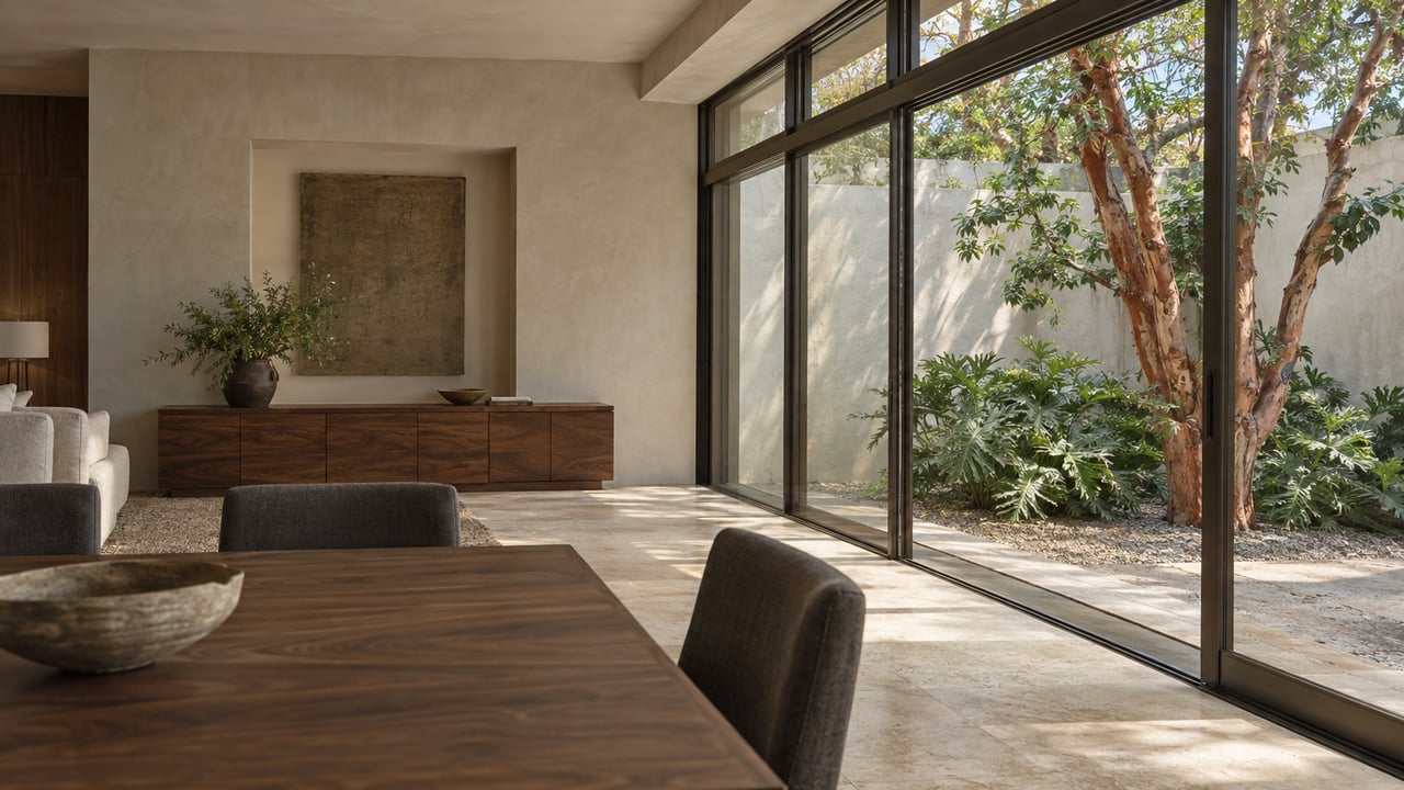 Living room with a walnut dining table, glass courtyard wall, and copper-red-barked tree outside.