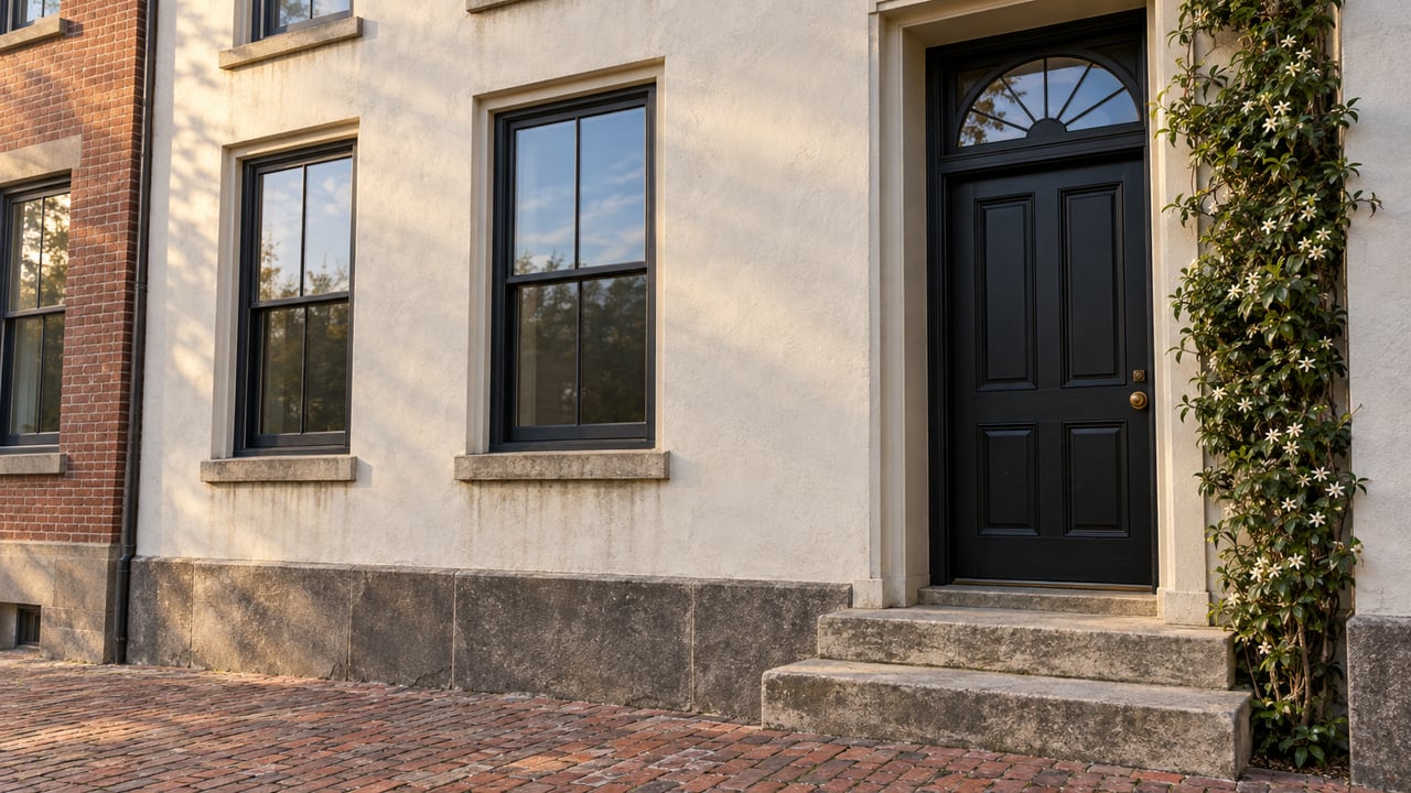 Off-white townhouse facade with two sash windows, a recessed black door, limestone steps, and climbing greenery.