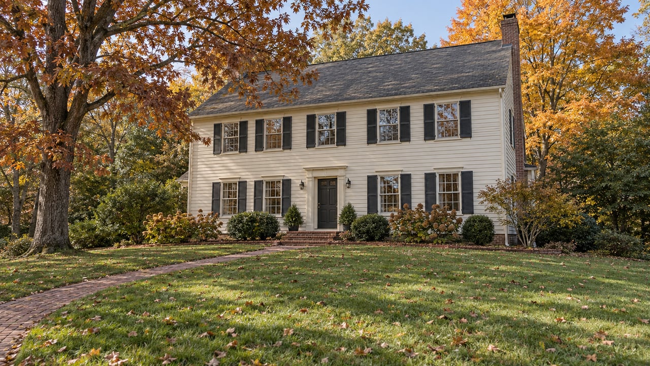An ivory clapboard house beyond a broad green lawn, with a brick approach and mature oak and maple trees in autumn color.