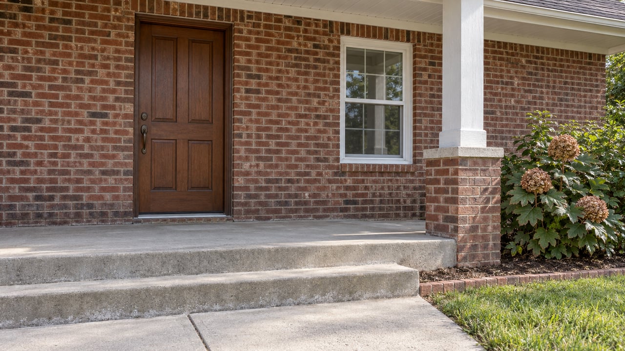 Brick home entry with a stained timber door, white porch support, concrete steps and an oakleaf hydrangea.