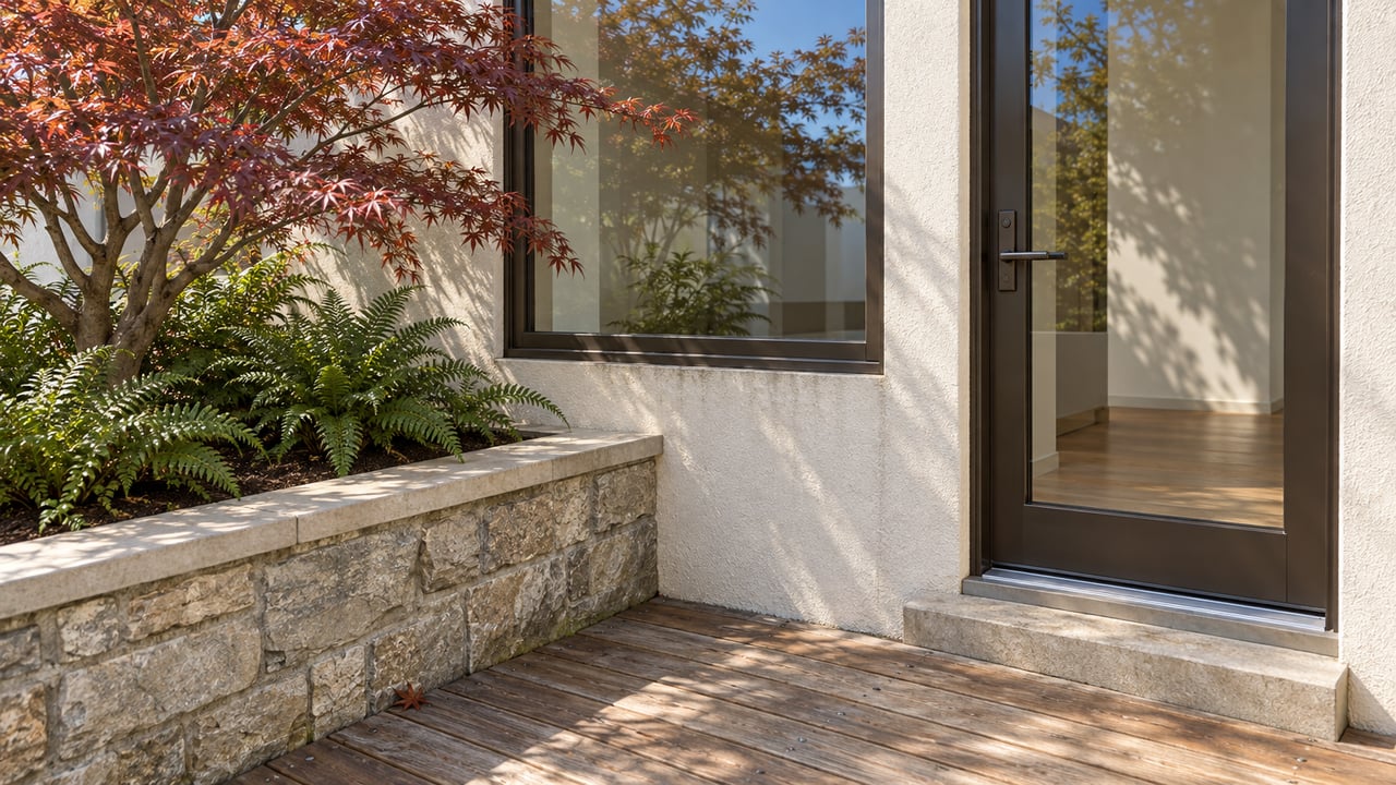 Close view of a stucco residential entry with bronze-framed glass, weathered wood decking and a stone planter containing a Japanese maple and sword ferns.